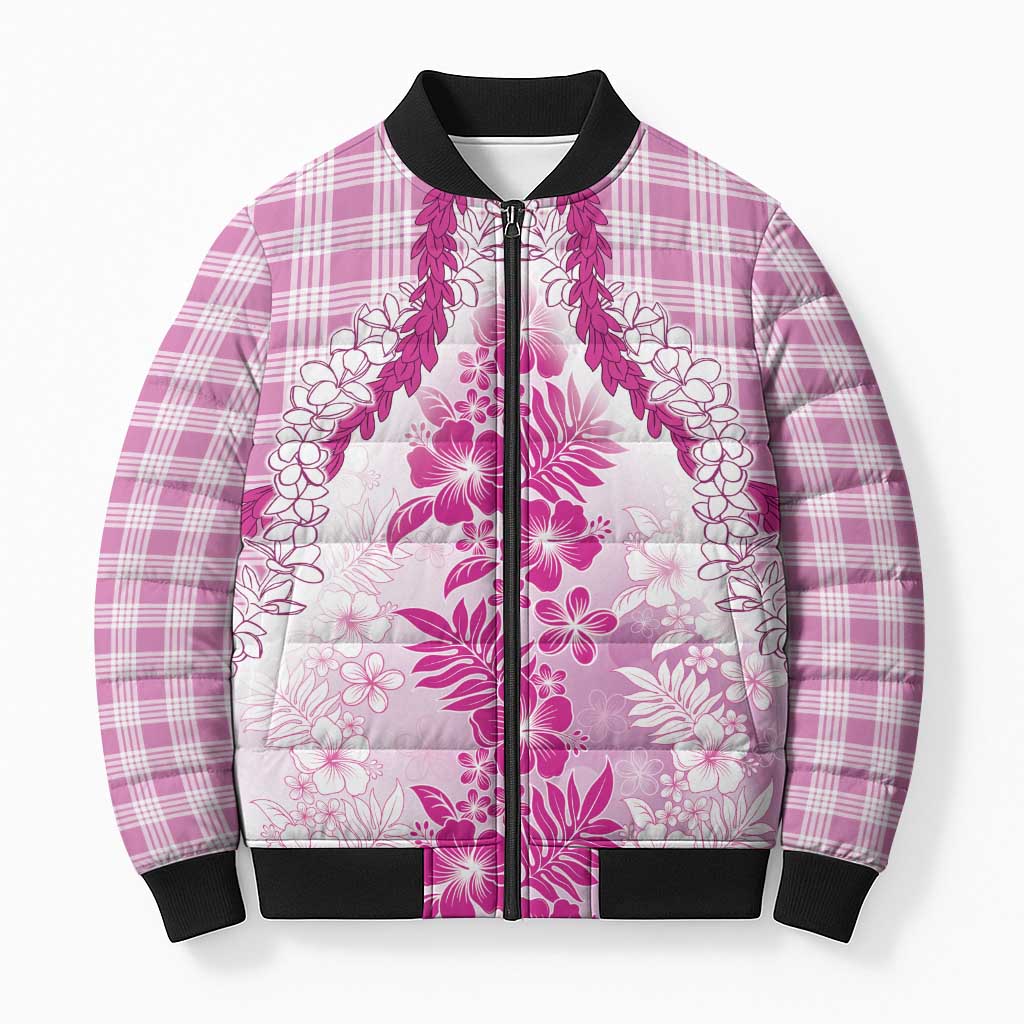 Aloha Hawaii Palaka Bomber Puffer Jacket Pink Plumeria Lei - Polynesian Pride
