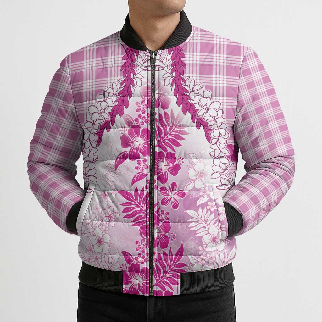 Aloha Hawaii Palaka Bomber Puffer Jacket Pink Plumeria Lei - Polynesian Pride