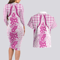 Aloha Hawaii Palaka Couples Matching Long Sleeve Bodycon Dress and Hawaiian Shirt Pink Plumeria Lei - Polynesian Pride