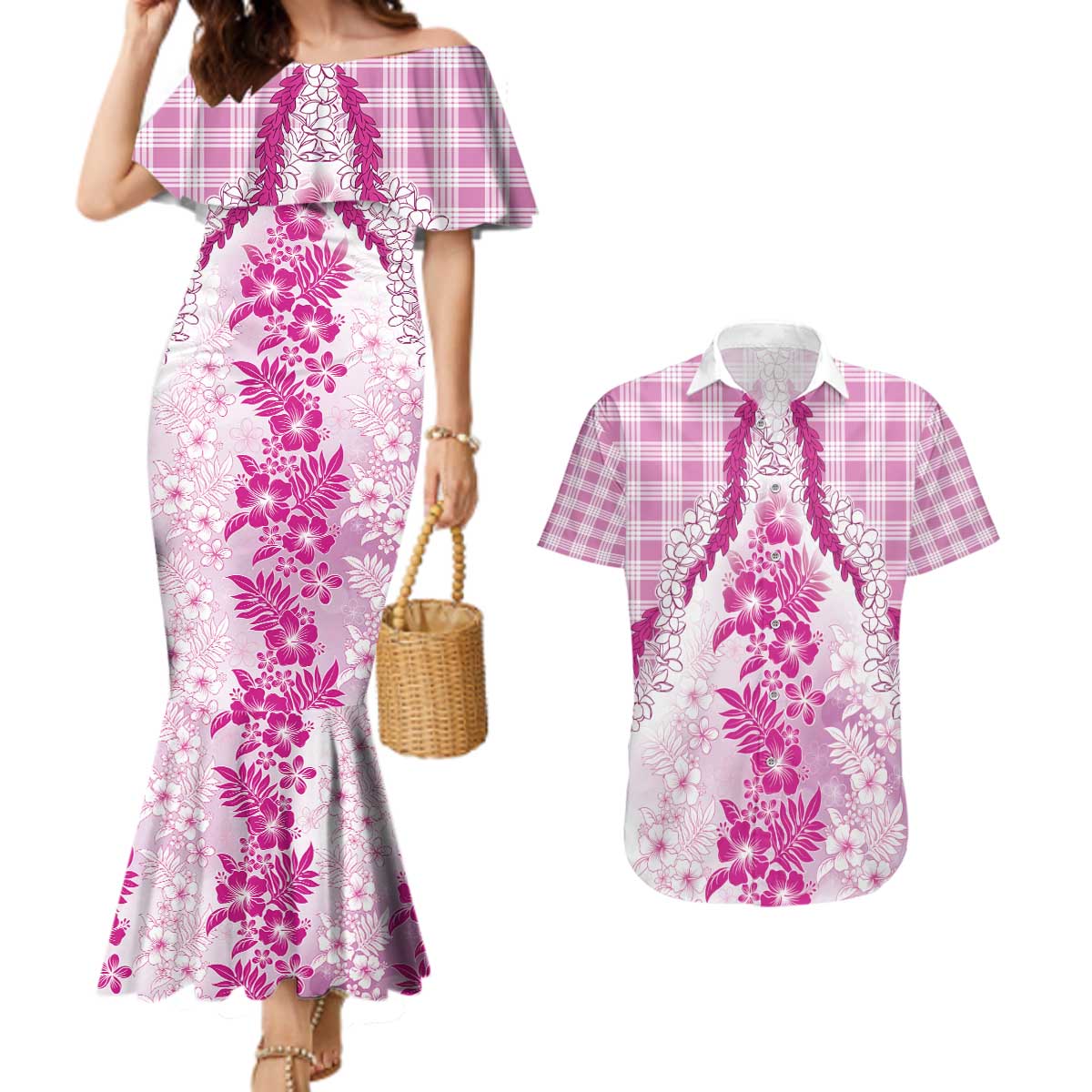 Aloha Hawaii Palaka Couples Matching Mermaid Dress and Hawaiian Shirt Pink Plumeria Lei - Polynesian Pride