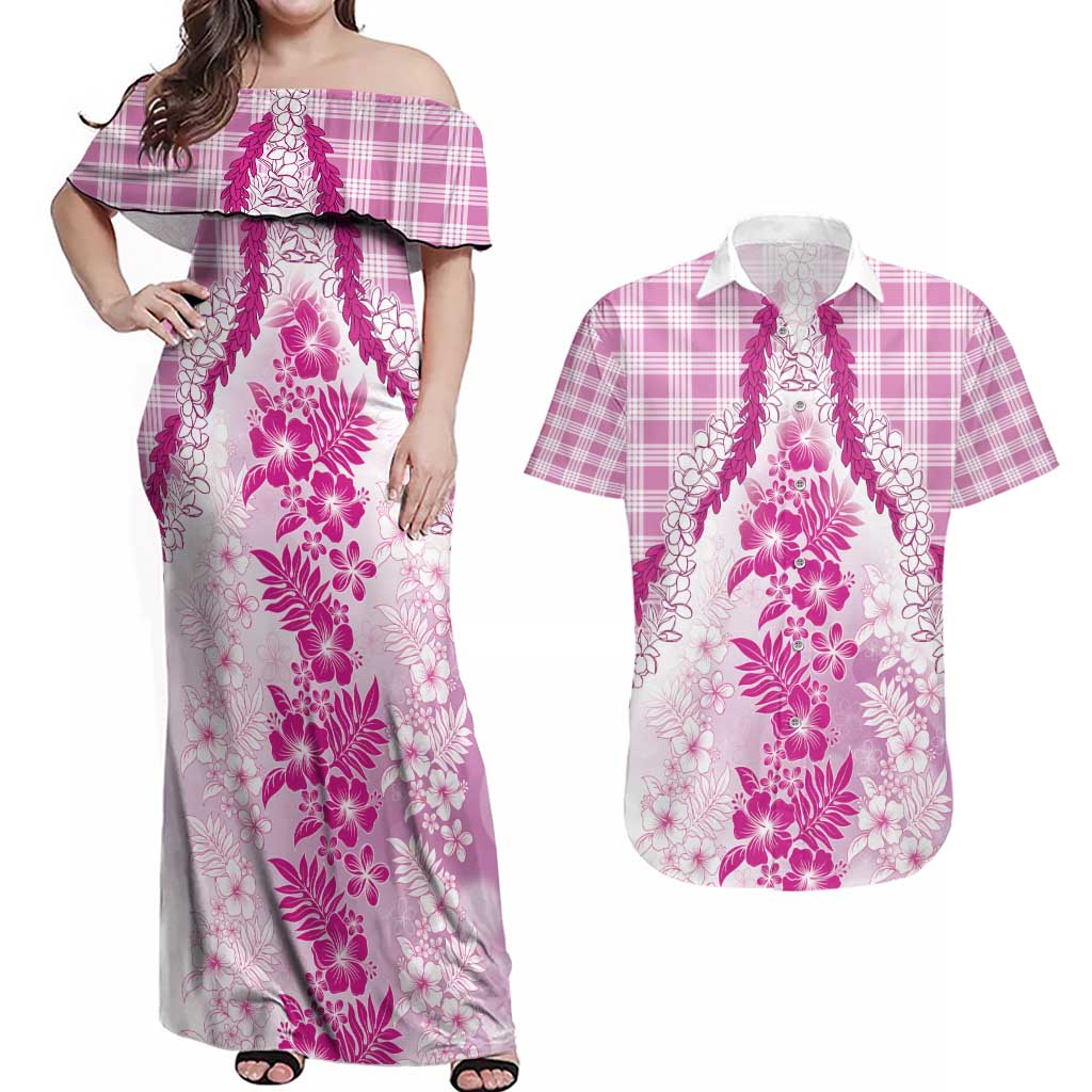 Aloha Hawaii Palaka Couples Matching Off Shoulder Maxi Dress and Hawaiian Shirt Pink Plumeria Lei - Polynesian Pride