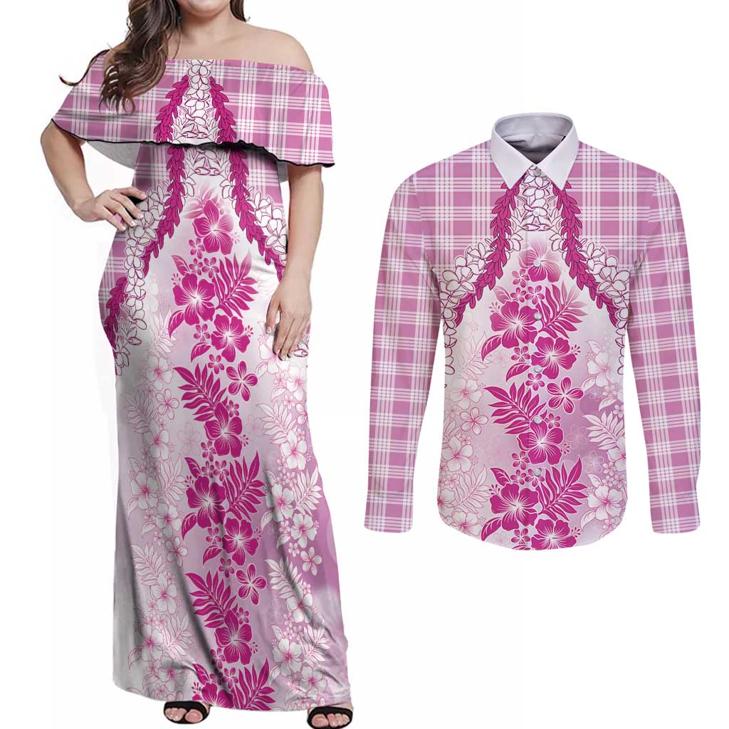 Aloha Hawaii Palaka Couples Matching Off Shoulder Maxi Dress and Long Sleeve Button Shirt Pink Plumeria Lei - Polynesian Pride