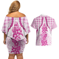 Aloha Hawaii Palaka Couples Matching Off Shoulder Short Dress and Hawaiian Shirt Pink Plumeria Lei - Polynesian Pride