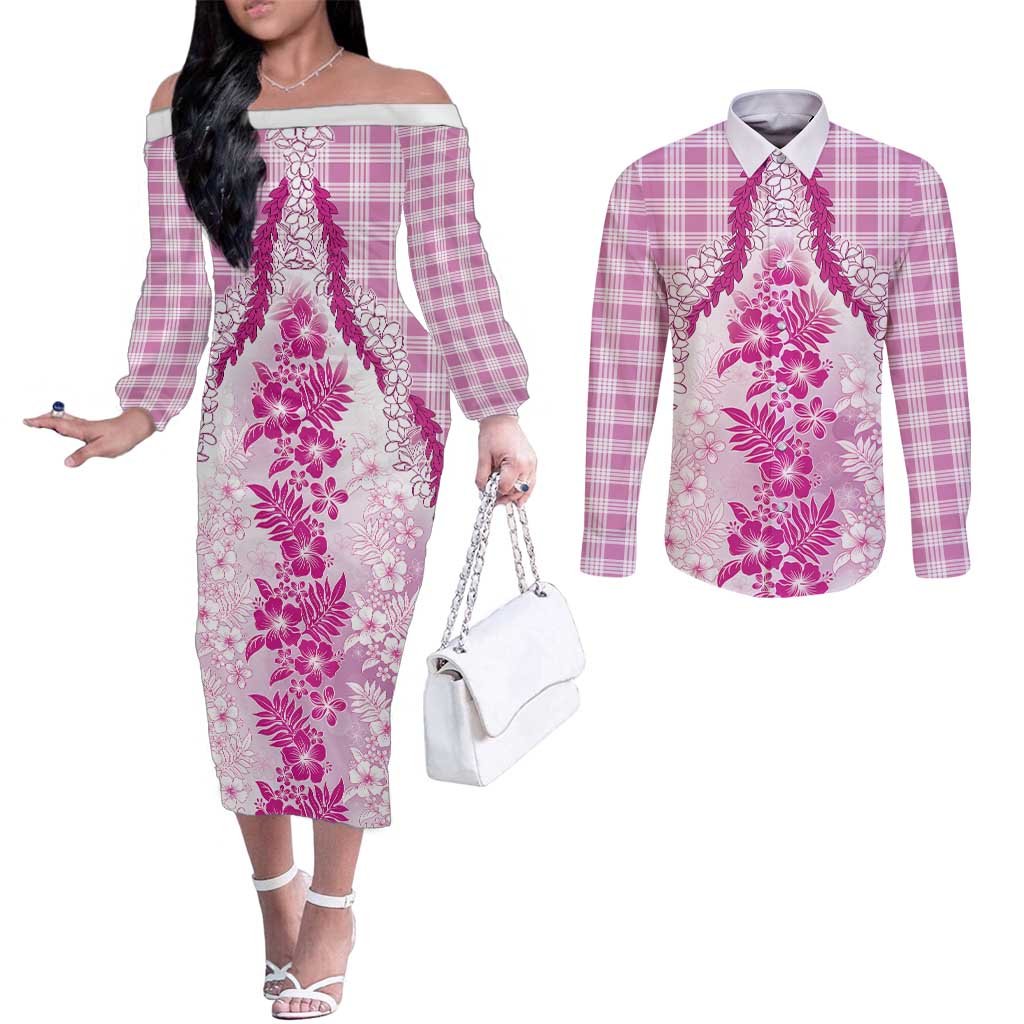 Aloha Hawaii Palaka Couples Matching Off The Shoulder Long Sleeve Dress and Long Sleeve Button Shirt Pink Plumeria Lei - Polynesian Pride