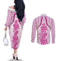 Aloha Hawaii Palaka Couples Matching Off The Shoulder Long Sleeve Dress and Long Sleeve Button Shirt Pink Plumeria Lei - Polynesian Pride