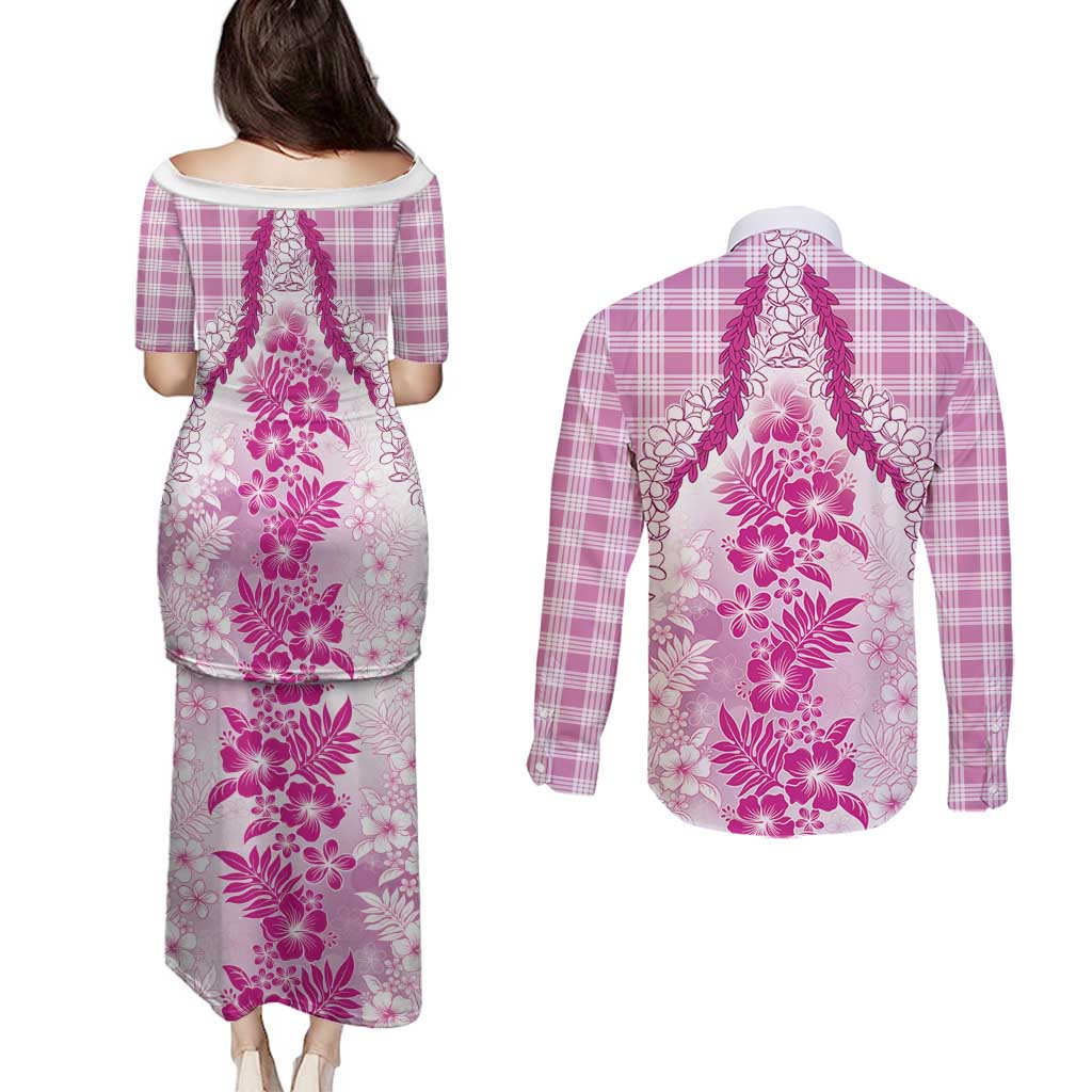Aloha Hawaii Palaka Couples Matching Puletasi and Long Sleeve Button Shirt Pink Plumeria Lei - Polynesian Pride