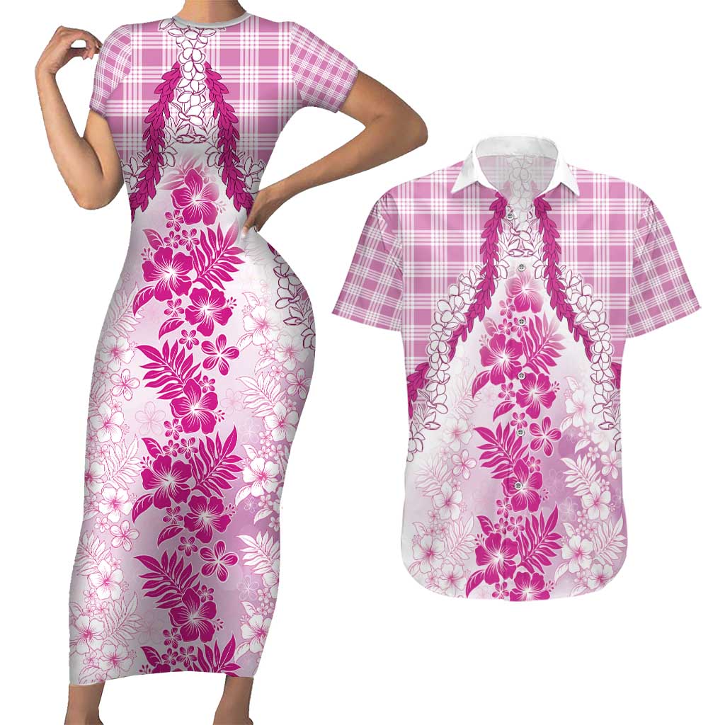 Aloha Hawaii Palaka Couples Matching Short Sleeve Bodycon Dress and Hawaiian Shirt Pink Plumeria Lei - Polynesian Pride