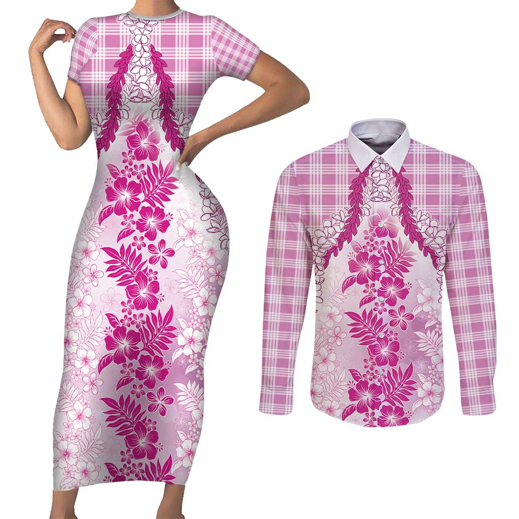 Aloha Hawaii Palaka Couples Matching Short Sleeve Bodycon Dress and Long Sleeve Button Shirt Pink Plumeria Lei - Polynesian Pride