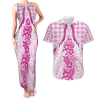 Aloha Hawaii Palaka Couples Matching Tank Maxi Dress and Hawaiian Shirt Pink Plumeria Lei - Polynesian Pride