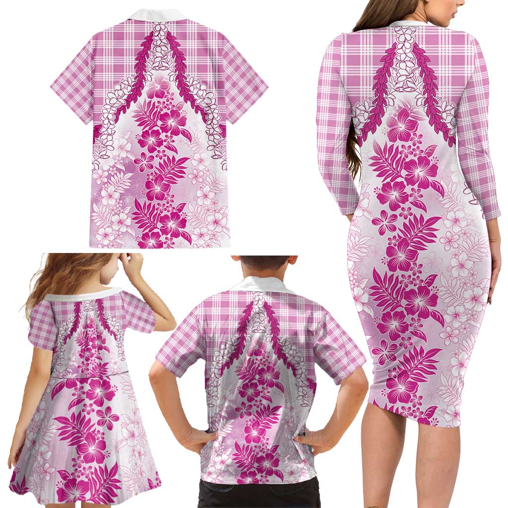 Aloha Hawaii Palaka Family Matching Long Sleeve Bodycon Dress and Hawaiian Shirt Pink Plumeria Lei - Polynesian Pride