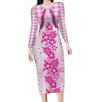 Aloha Hawaii Palaka Family Matching Long Sleeve Bodycon Dress and Hawaiian Shirt Pink Plumeria Lei - Polynesian Pride
