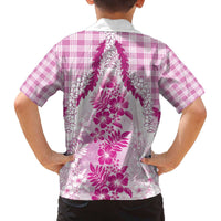 Aloha Hawaii Palaka Family Matching Off The Shoulder Long Sleeve Dress and Hawaiian Shirt Pink Plumeria Lei - Polynesian Pride