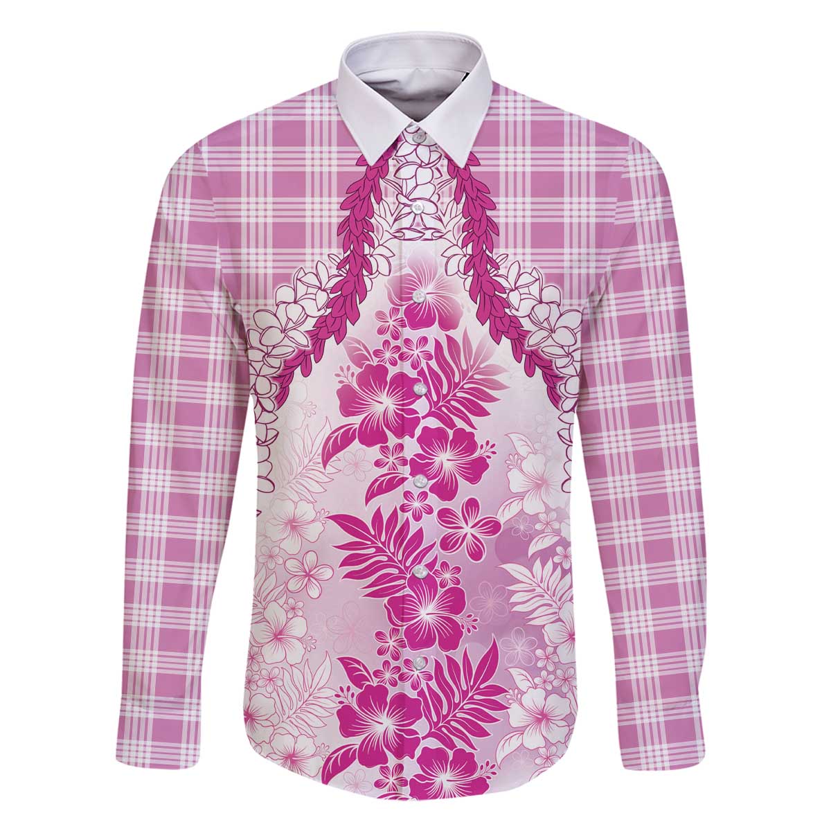 Aloha Hawaii Palaka Family Matching Off The Shoulder Long Sleeve Dress and Hawaiian Shirt Pink Plumeria Lei - Polynesian Pride