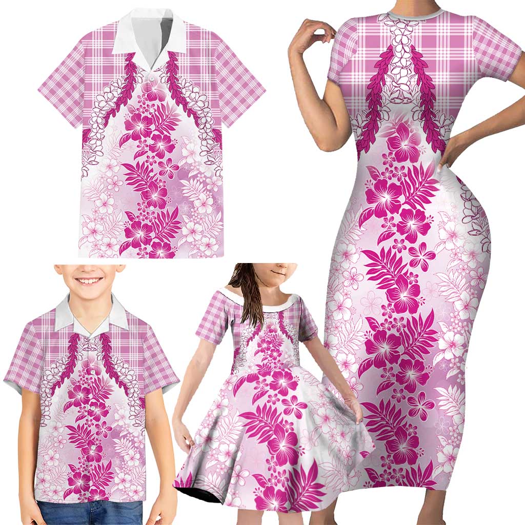 Aloha Hawaii Palaka Family Matching Short Sleeve Bodycon Dress and Hawaiian Shirt Pink Plumeria Lei - Polynesian Pride