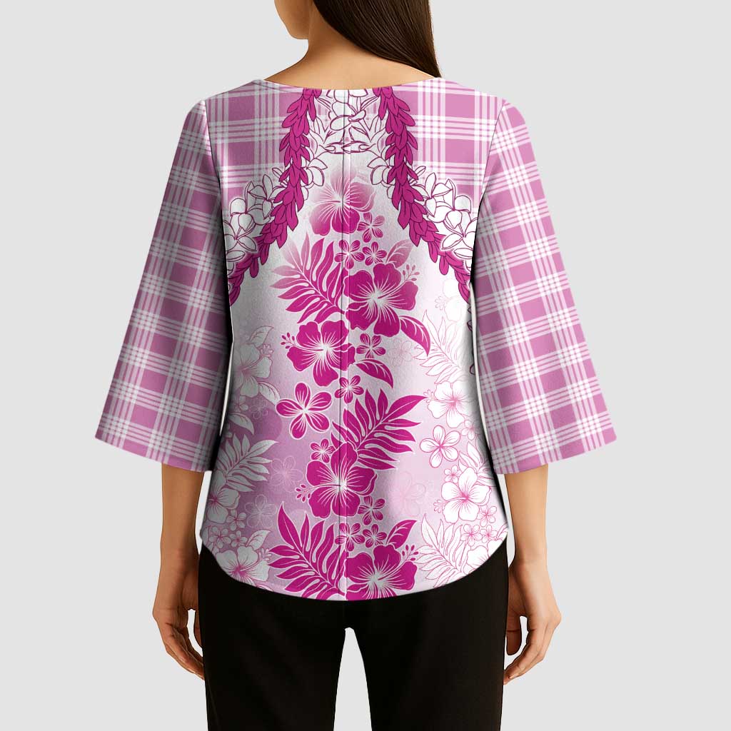 Aloha Hawaii Palaka Kimono Sleeve Blouse Pink Plumeria Lei - Polynesian Pride