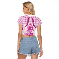 Aloha Hawaii Palaka Raglan Cropped T Shirt Pink Plumeria Lei - Polynesian Pride