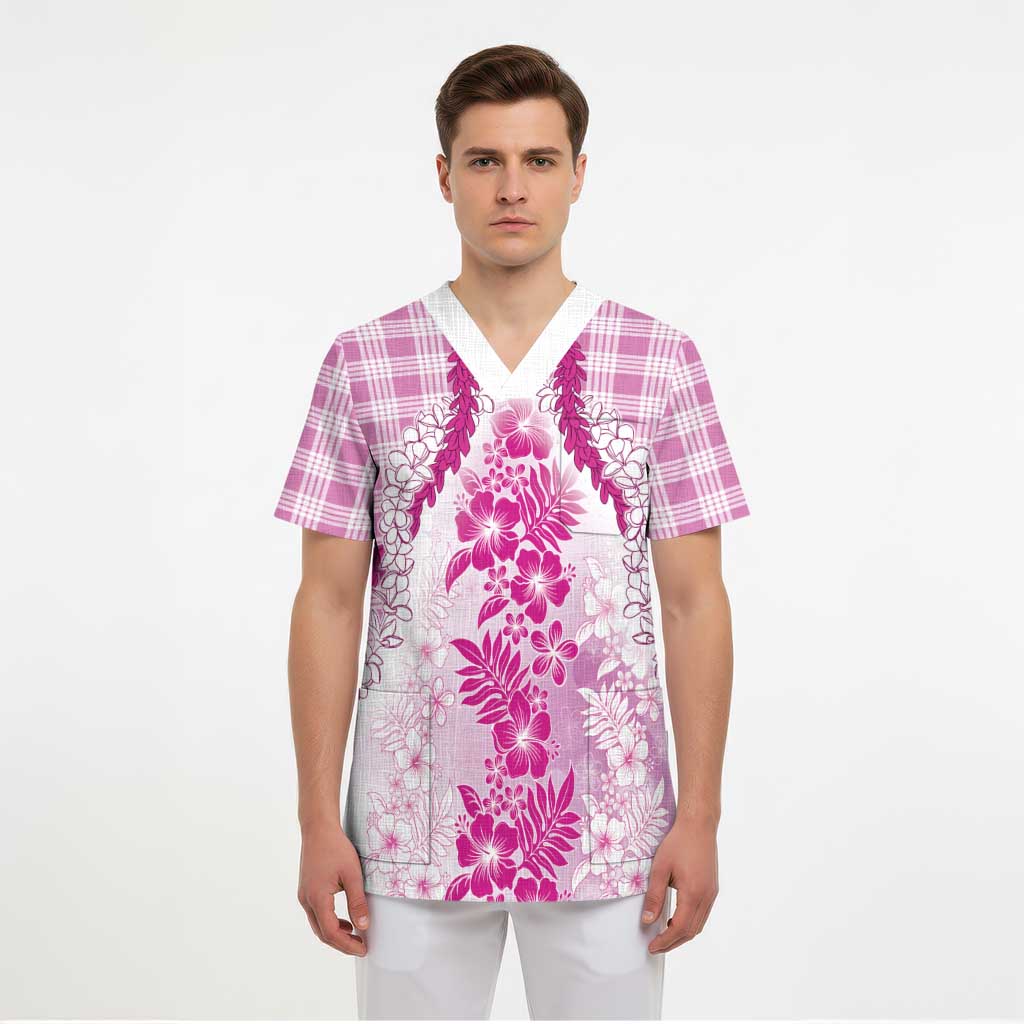 Aloha Hawaii Palaka Scrub Top Pink Plumeria Lei - Polynesian Pride