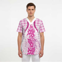 Aloha Hawaii Palaka Scrub Top Pink Plumeria Lei - Polynesian Pride