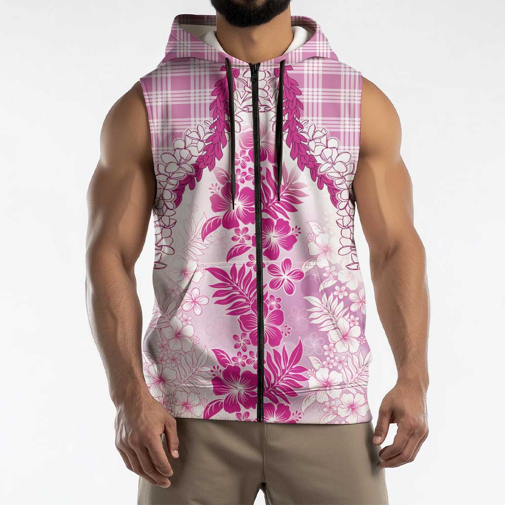 Aloha Hawaii Palaka Sleeveless Zip Hoodie Pink Plumeria Lei LT05
