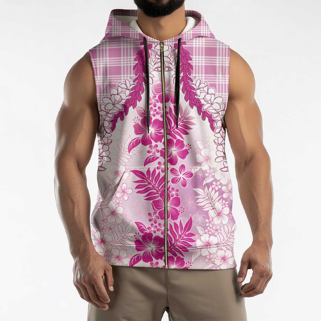 Aloha Hawaii Palaka Sleeveless Zip Hoodie Pink Plumeria Lei - Polynesian Pride