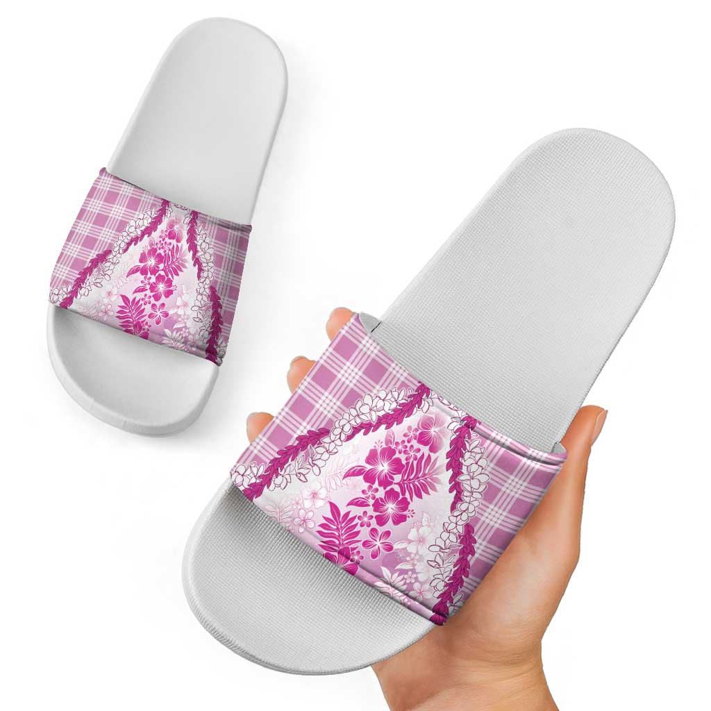 Aloha Hawaii Palaka Slide Sandals Pink Plumeria Lei - Polynesian Pride