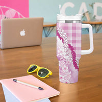 Aloha Hawaii Palaka Tumbler With Handle Pink Plumeria Lei - Polynesian Pride