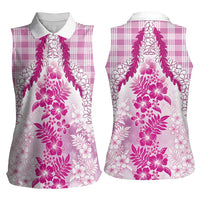 Aloha Hawaii Palaka Women Sleeveless Polo Shirt Pink Plumeria Lei - Polynesian Pride