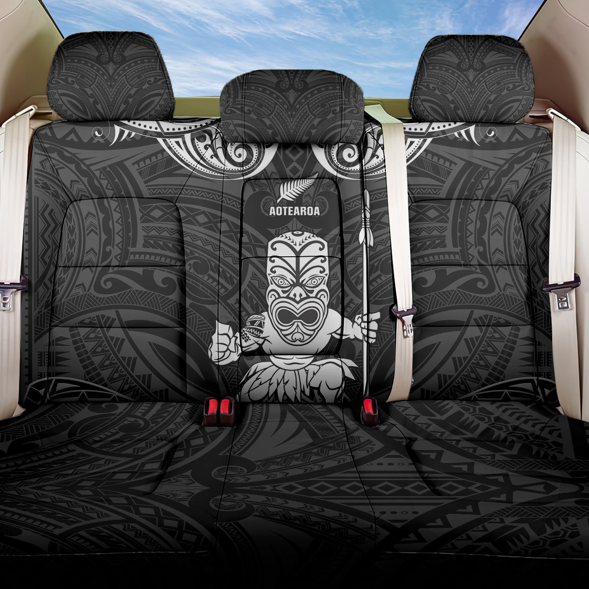New Zealand Maori Taiaha Back Car Seat Cover Tiki Warrior Black LT05 One Size Black - Polynesian Pride