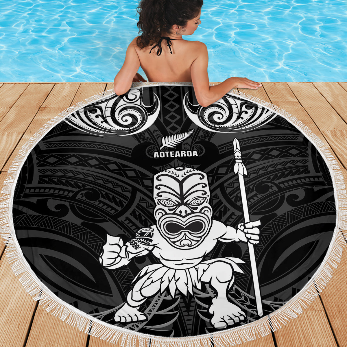 New Zealand Maori Taiaha Beach Blanket Tiki Warrior Black LT05 - Polynesian Pride