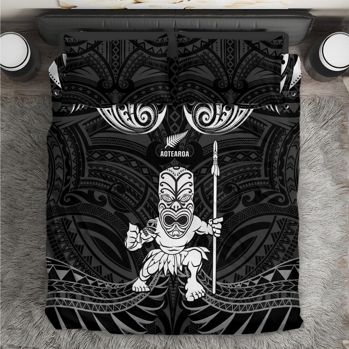 New Zealand Maori Taiaha Bedding Set Tiki Warrior Black LT05 Black - Polynesian Pride