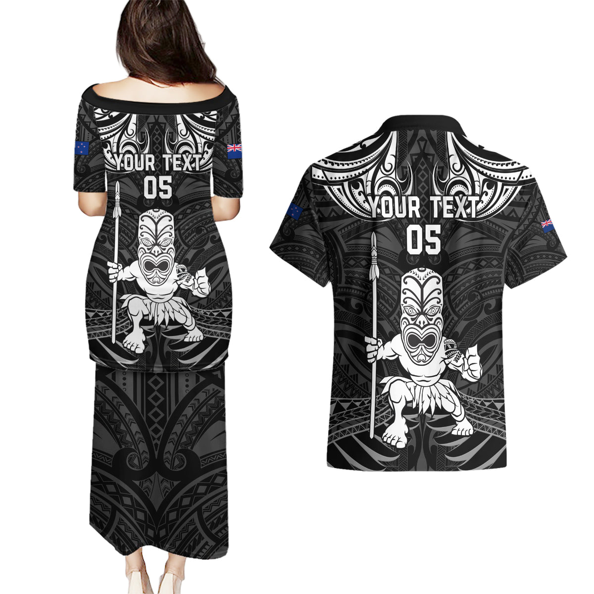 Custom New Zealand Maori Taiaha Couples Matching Puletasi and Hawaiian Shirt Tiki Warrior Black LT05 - Polynesian Pride