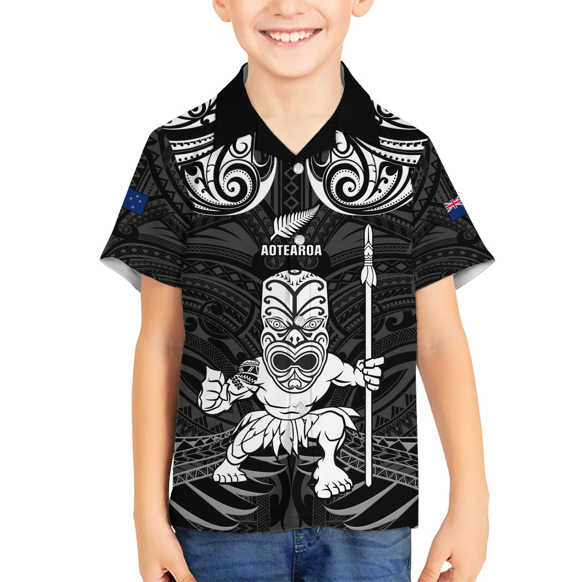 Custom New Zealand Maori Taiaha Hawaiian Shirt Tiki Warrior Black LT05 - Polynesian Pride