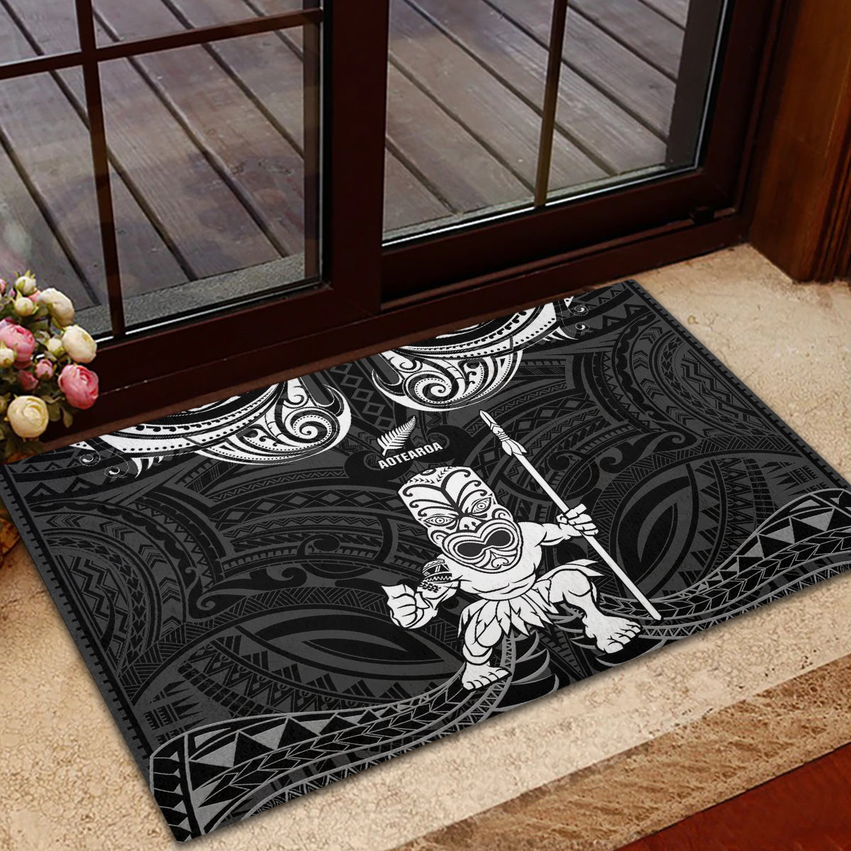 New Zealand Maori Taiaha Rubber Doormat Tiki Warrior Black LT05 - Polynesian Pride