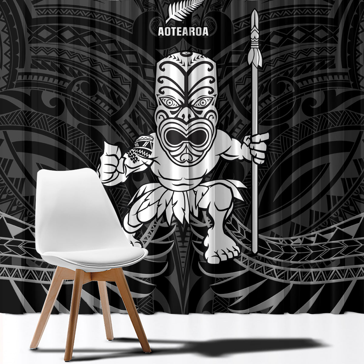 New Zealand Maori Taiaha Window Curtain Tiki Warrior Black LT05 - Polynesian Pride