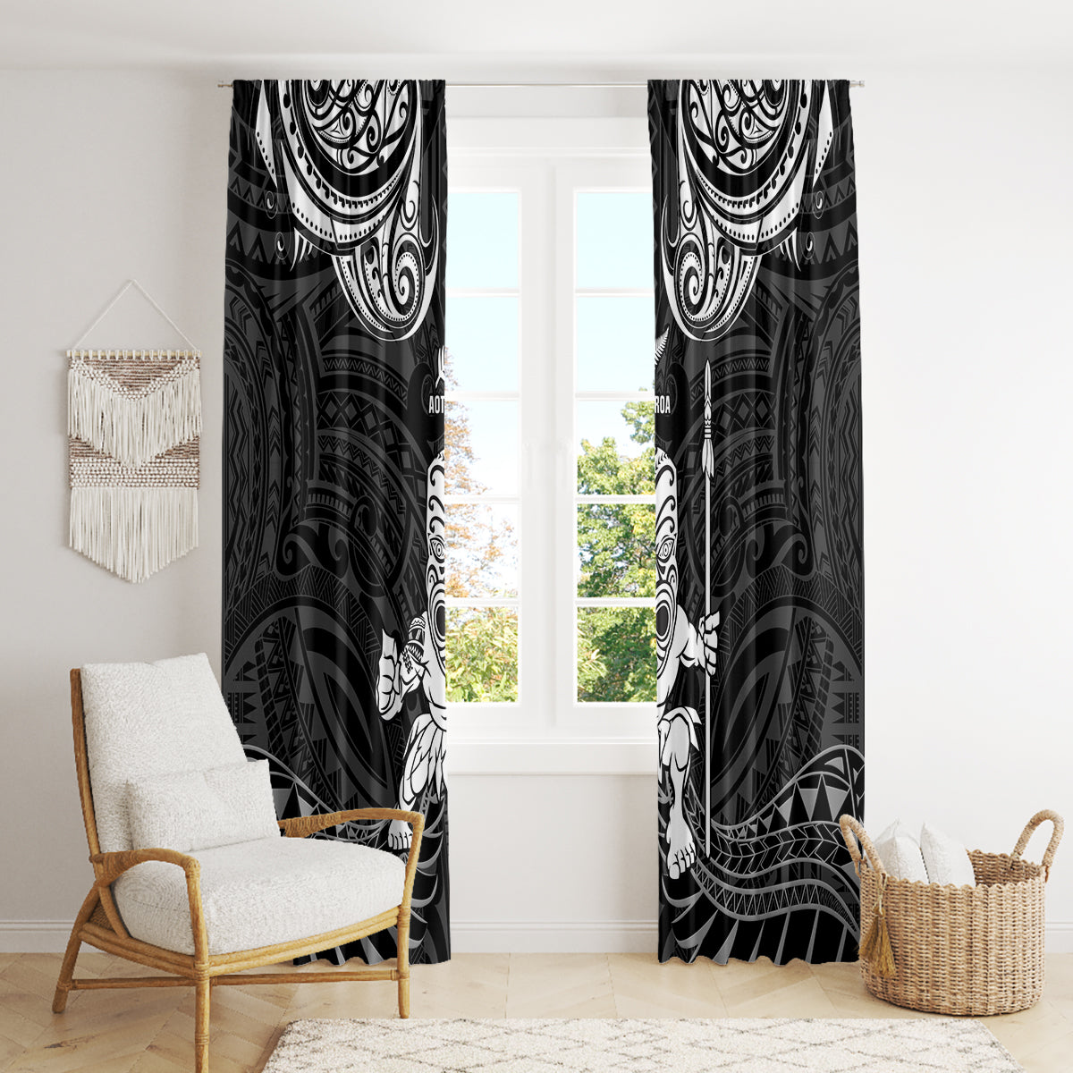 New Zealand Maori Taiaha Window Curtain Tiki Warrior Black LT05 - Polynesian Pride