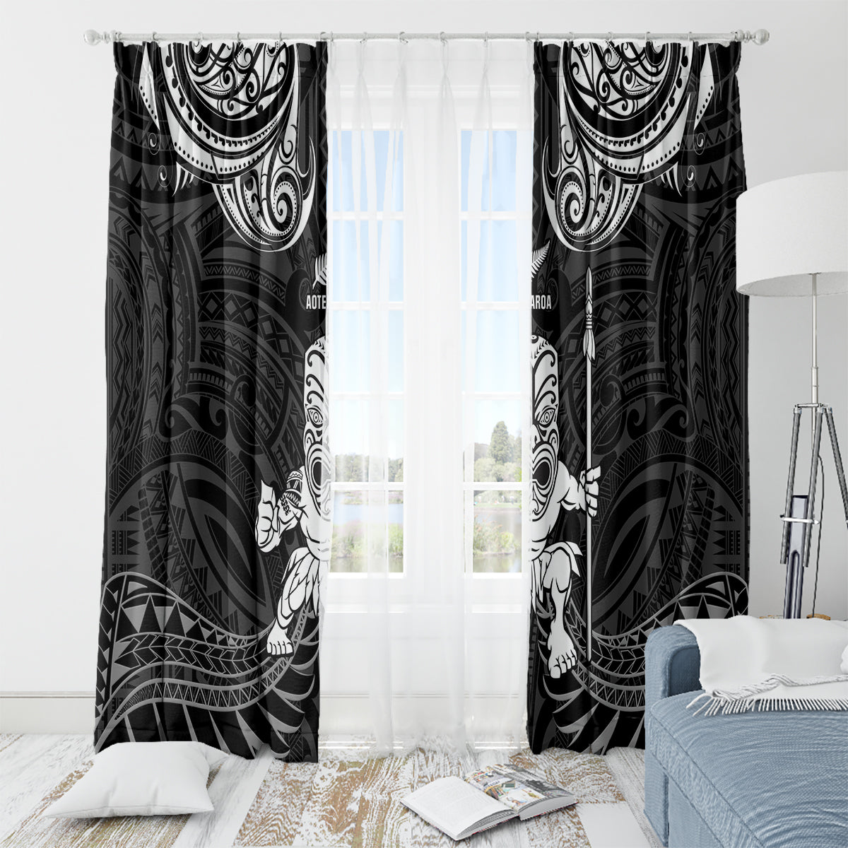 New Zealand Maori Taiaha Window Curtain Tiki Warrior Black LT05 - Polynesian Pride