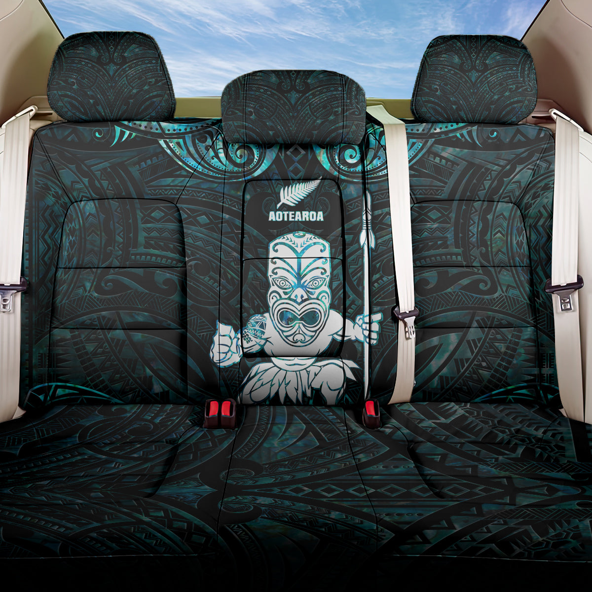 New Zealand Maori Taiaha Back Car Seat Cover Tiki Warrior Paua Shell LT05 One Size Black - Polynesian Pride