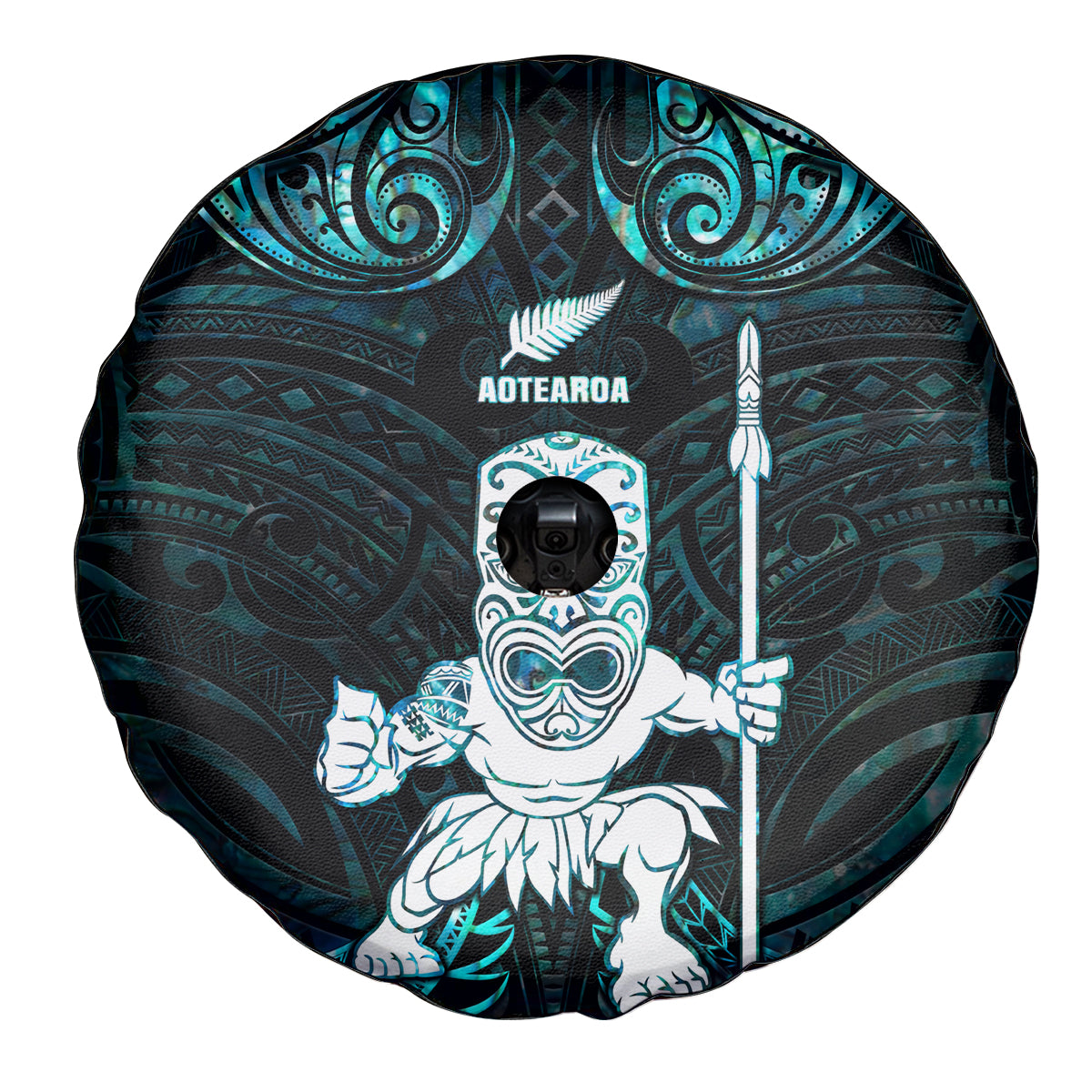New Zealand Maori Taiaha Spare Tire Cover Tiki Warrior Paua Shell LT05 - Polynesian Pride