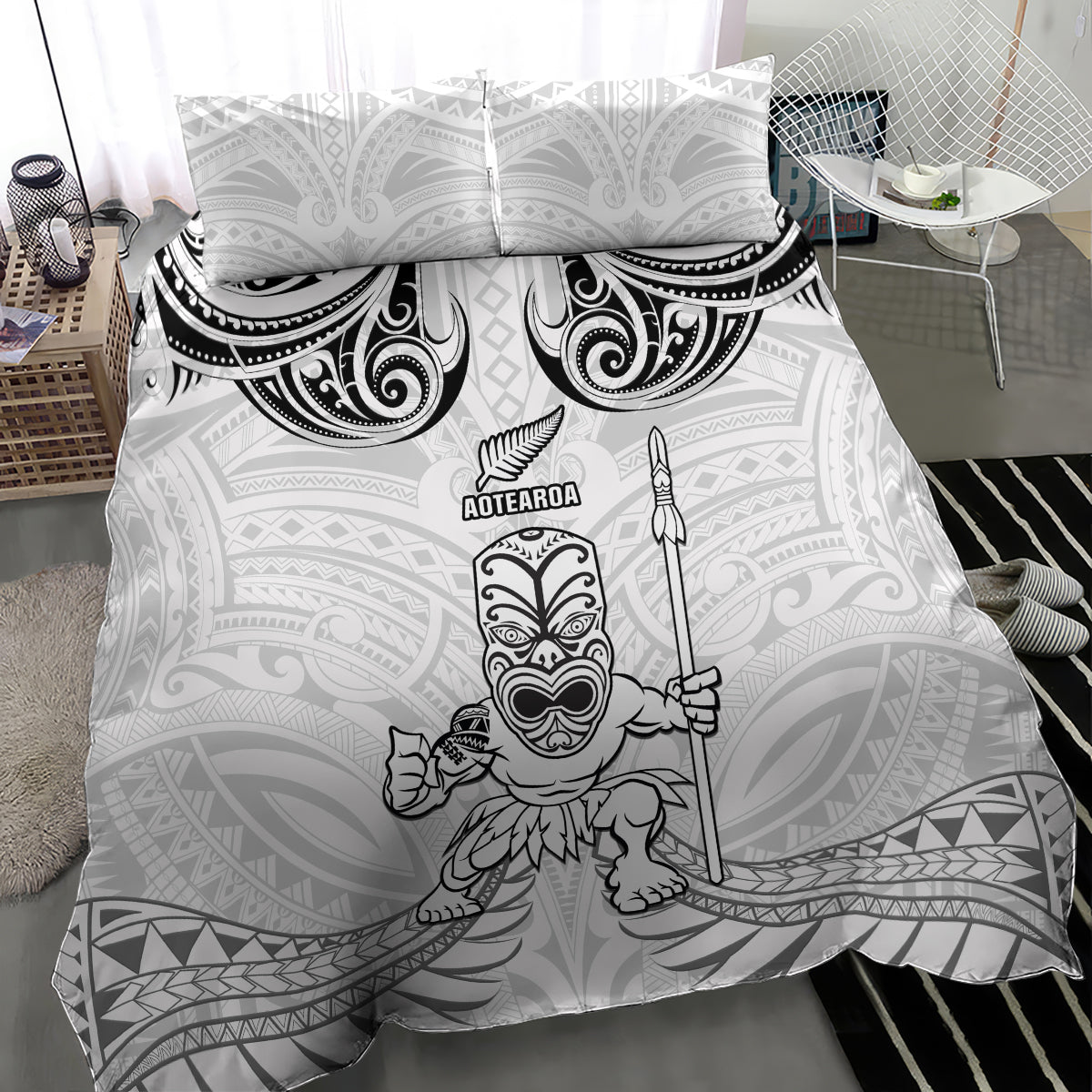 New Zealand Maori Taiaha Bedding Set Tiki Warrior White LT05 - Polynesian Pride