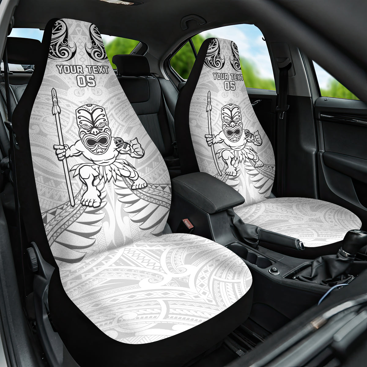Custom New Zealand Maori Taiaha Car Seat Cover Tiki Warrior White LT05 One Size White - Polynesian Pride