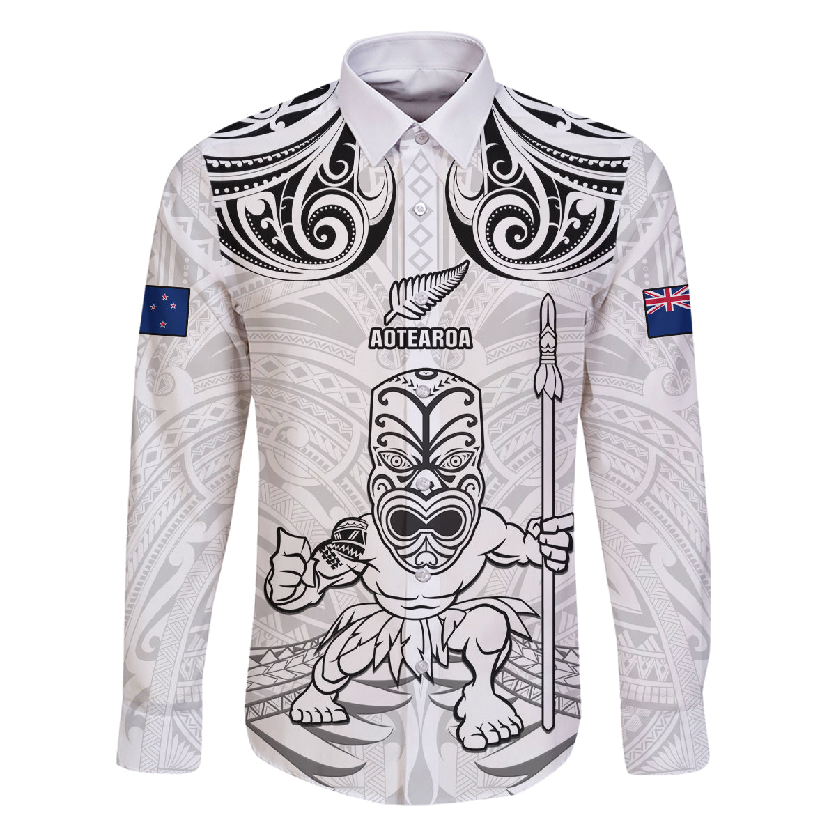 Custom New Zealand Maori Taiaha Family Matching Long Sleeve Bodycon Dress and Hawaiian Shirt Tiki Warrior White LT05 Dad's Shirt - Long Sleeve White - Polynesian Pride
