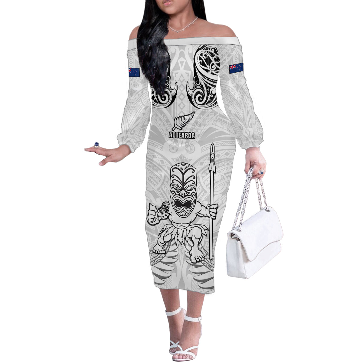 Custom New Zealand Maori Taiaha Family Matching Off Shoulder Long Sleeve Dress and Hawaiian Shirt Tiki Warrior White LT05 Mom's Dress White - Polynesian Pride