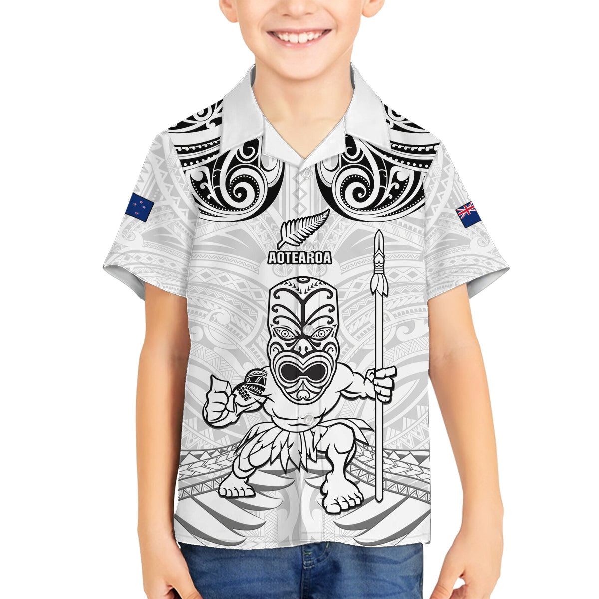 Custom New Zealand Maori Taiaha Family Matching Puletasi and Hawaiian Shirt Tiki Warrior White LT05 Son's Shirt White - Polynesian Pride