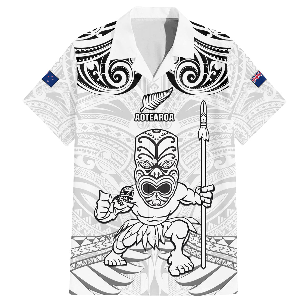 Custom New Zealand Maori Taiaha Family Matching Summer Maxi Dress and Hawaiian Shirt Tiki Warrior White LT05 Dad's Shirt - Short Sleeve White - Polynesian Pride