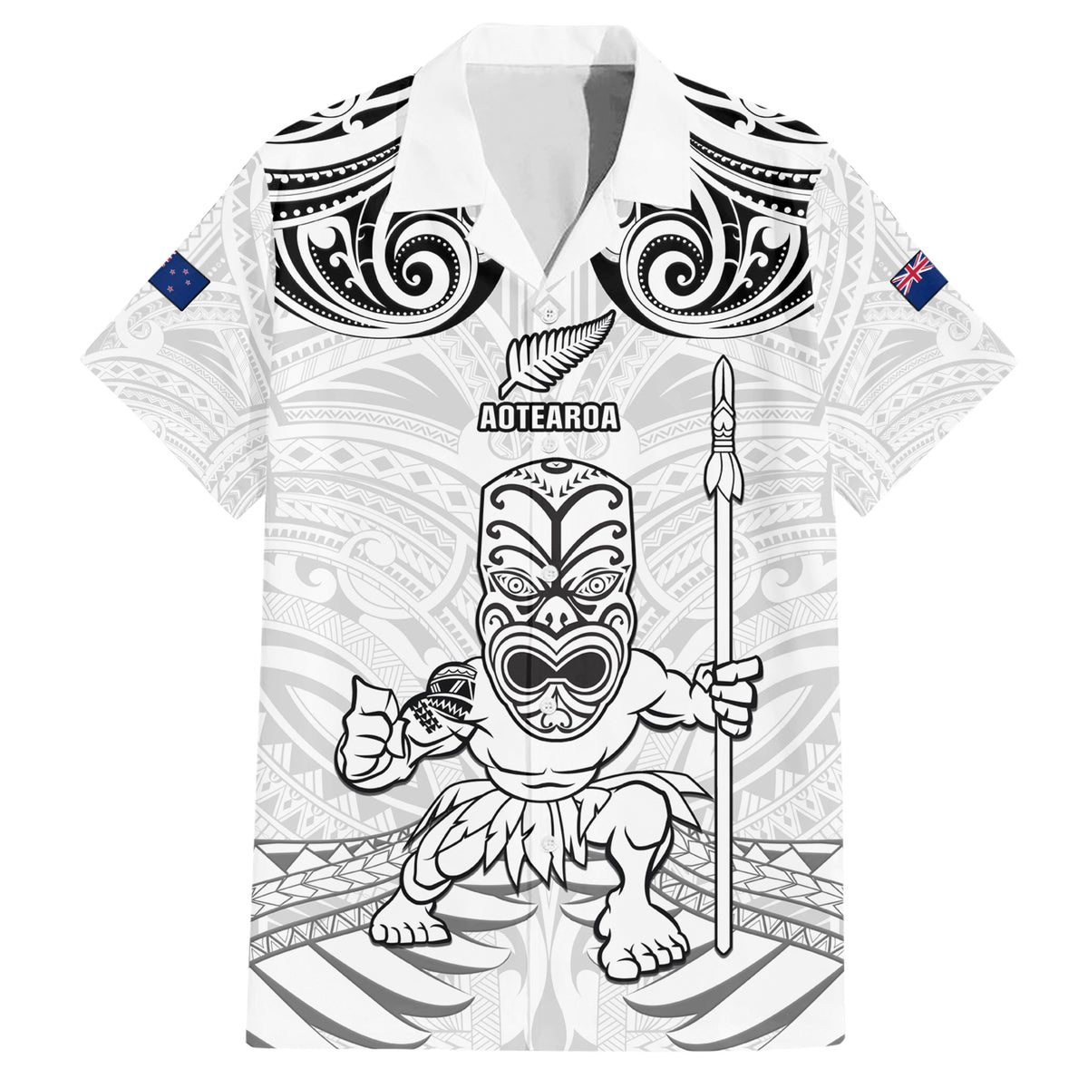 Custom New Zealand Maori Taiaha Hawaiian Shirt Tiki Warrior White LT05 White - Polynesian Pride