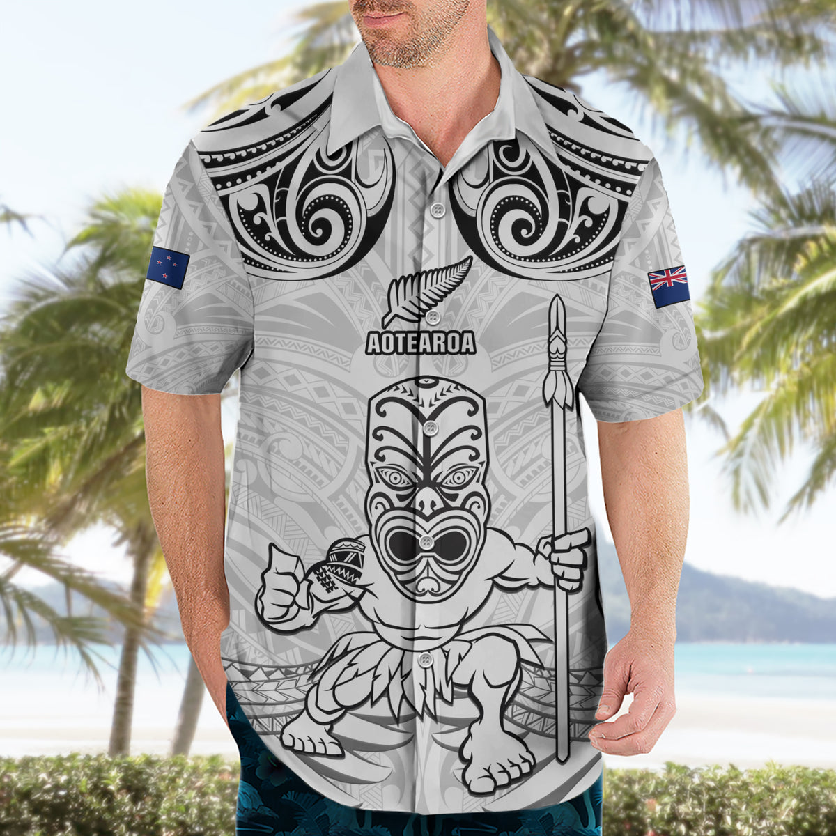 Custom New Zealand Maori Taiaha Hawaiian Shirt Tiki Warrior White LT05 - Polynesian Pride