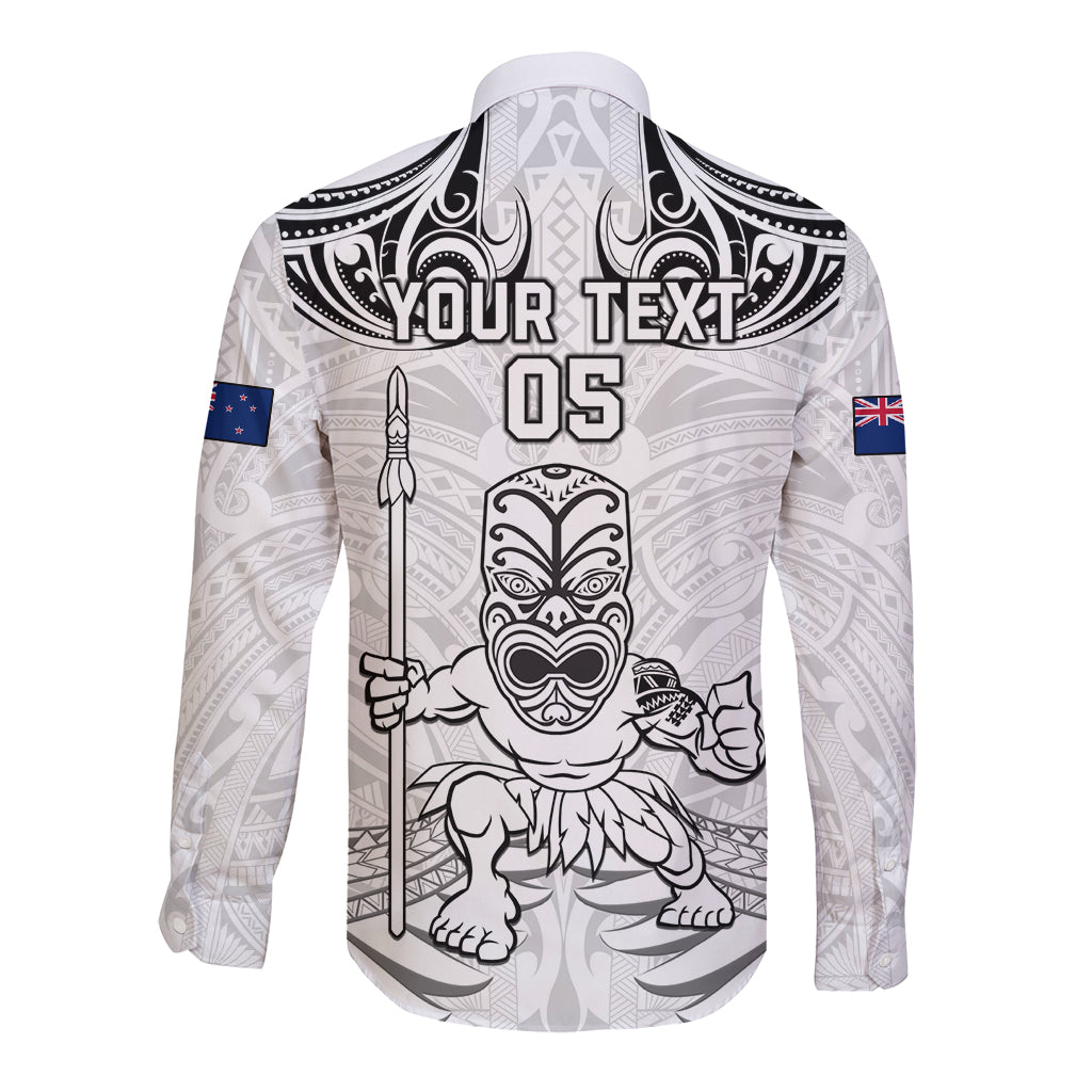 Custom New Zealand Maori Taiaha Long Sleeve Button Shirt Tiki Warrior White LT05 - Polynesian Pride