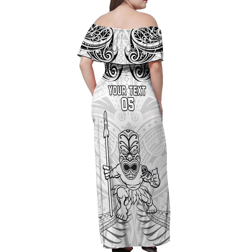 Custom New Zealand Maori Taiaha Off Shoulder Maxi Dress Tiki Warrior White LT05 - Polynesian Pride