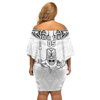 Custom New Zealand Maori Taiaha Off Shoulder Short Dress Tiki Warrior White LT05 - Polynesian Pride