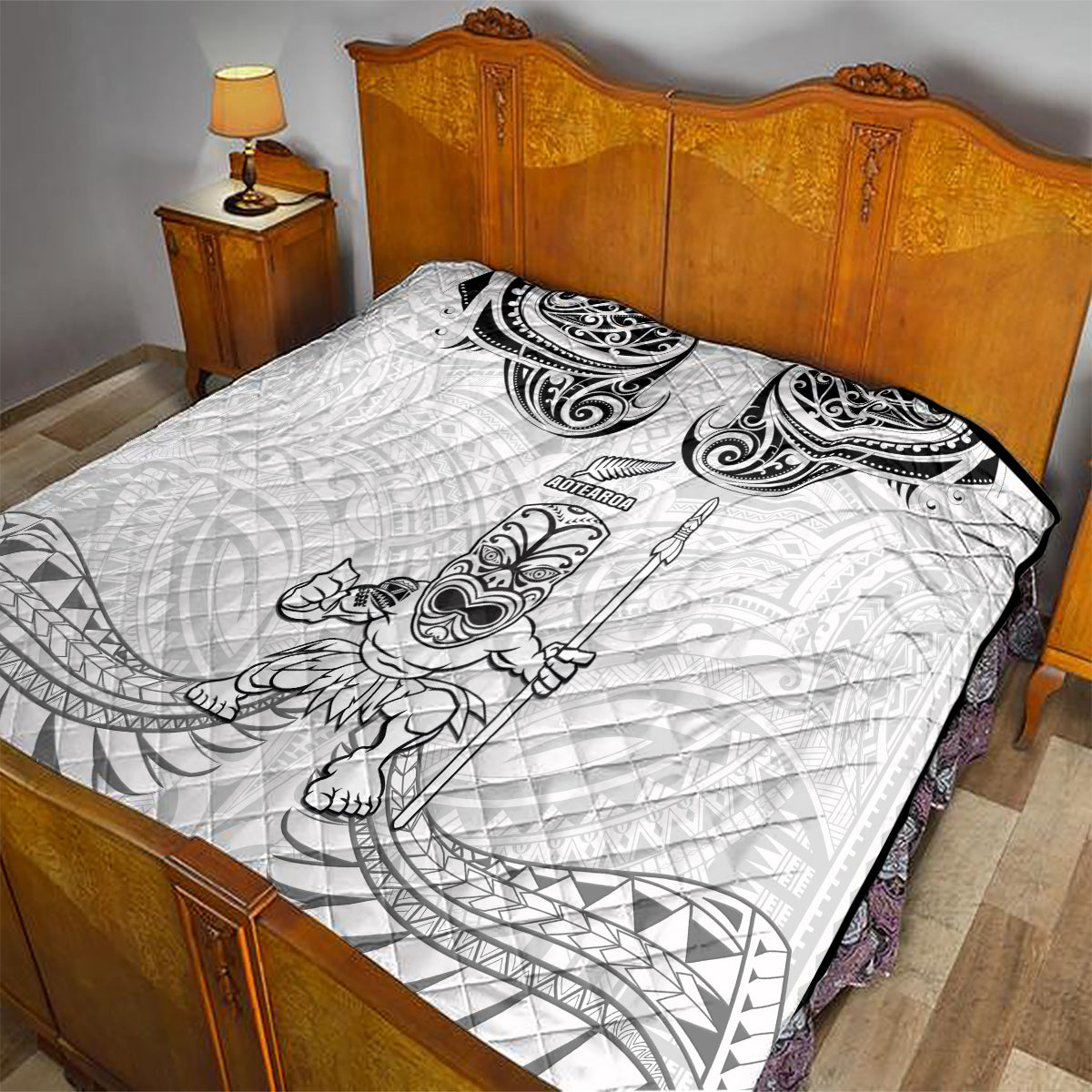 New Zealand Maori Taiaha Quilt Tiki Warrior White LT05 - Polynesian Pride